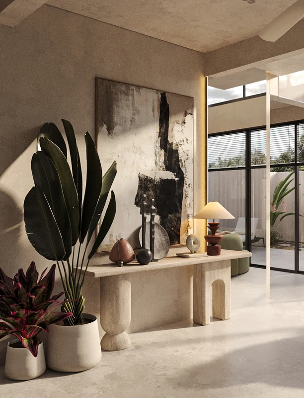 An interior with a plant and table