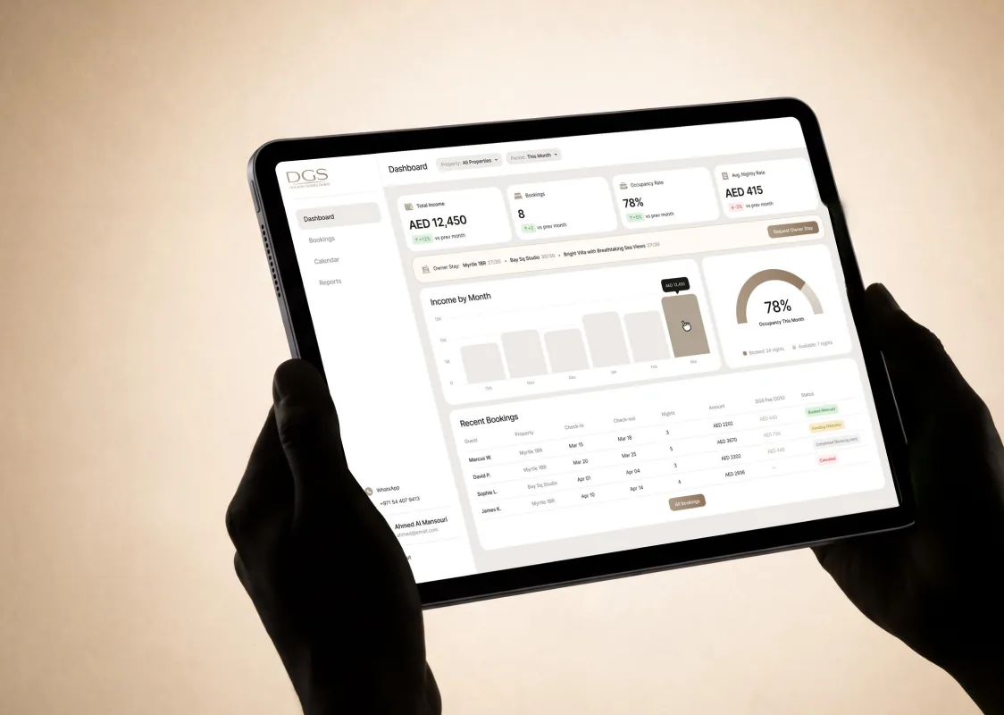 Owner portal dashboard on a tablet held in two hands