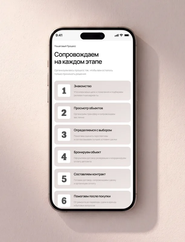 The six purchase steps on the Property Library website, shown on a phone against a pink background